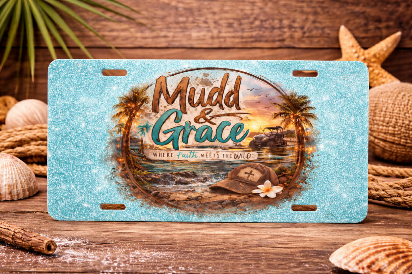 Mudd & Grace Turquoise Glitter Logo Car Tag