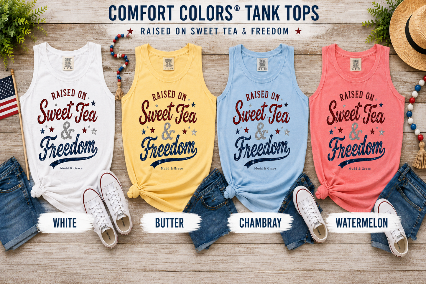 Raised on Sweet Tea & Freedom Comfort Colors Tank Top