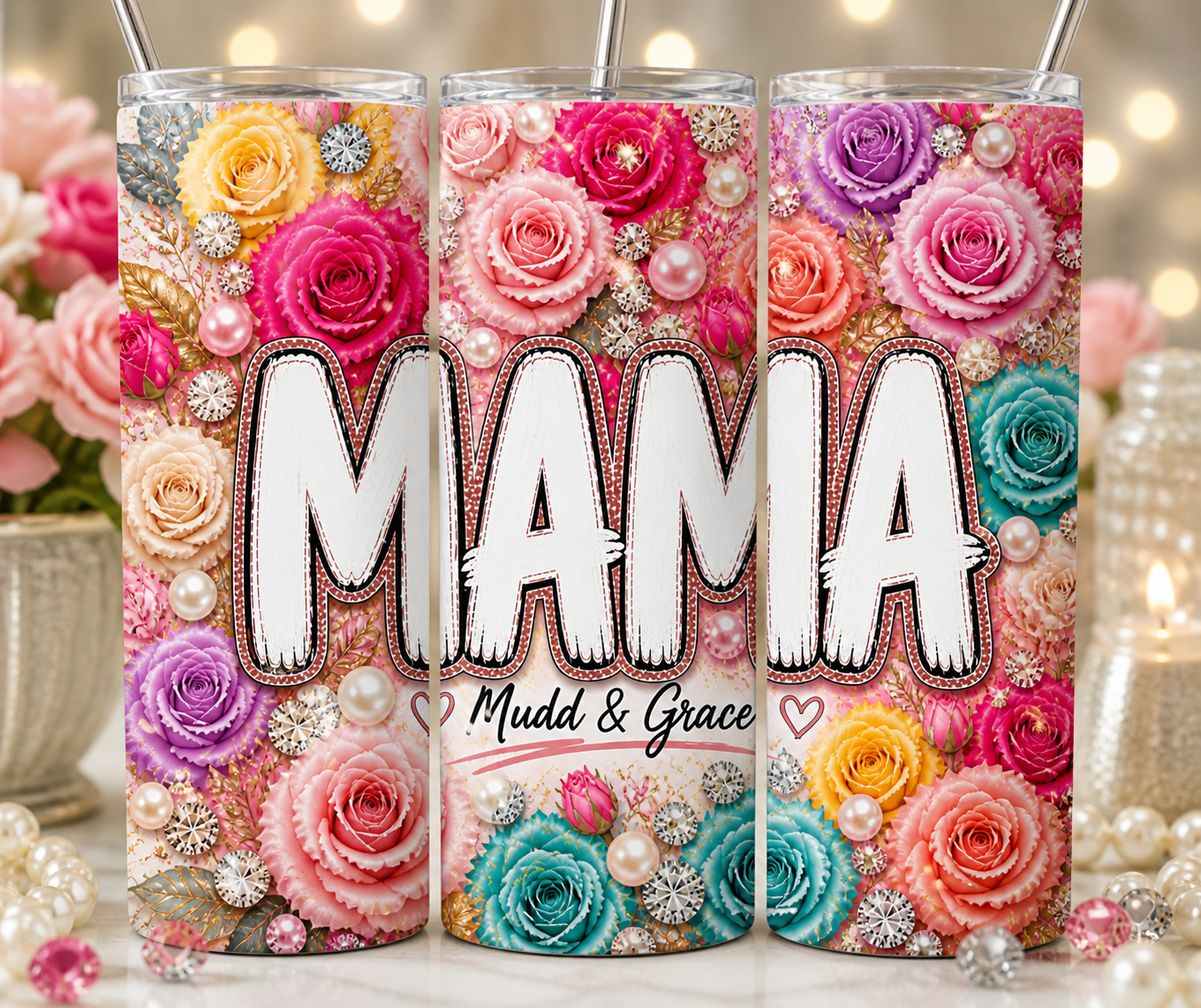Mama Tumbler – Floral Rose & Pearl Design