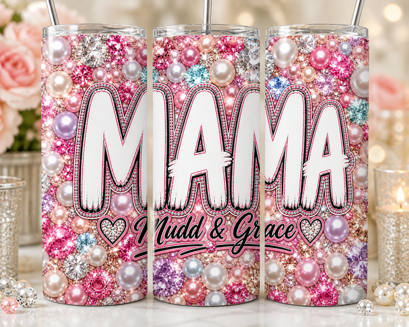 Mama Tumbler – Pearl & Rhinestone Glam Design