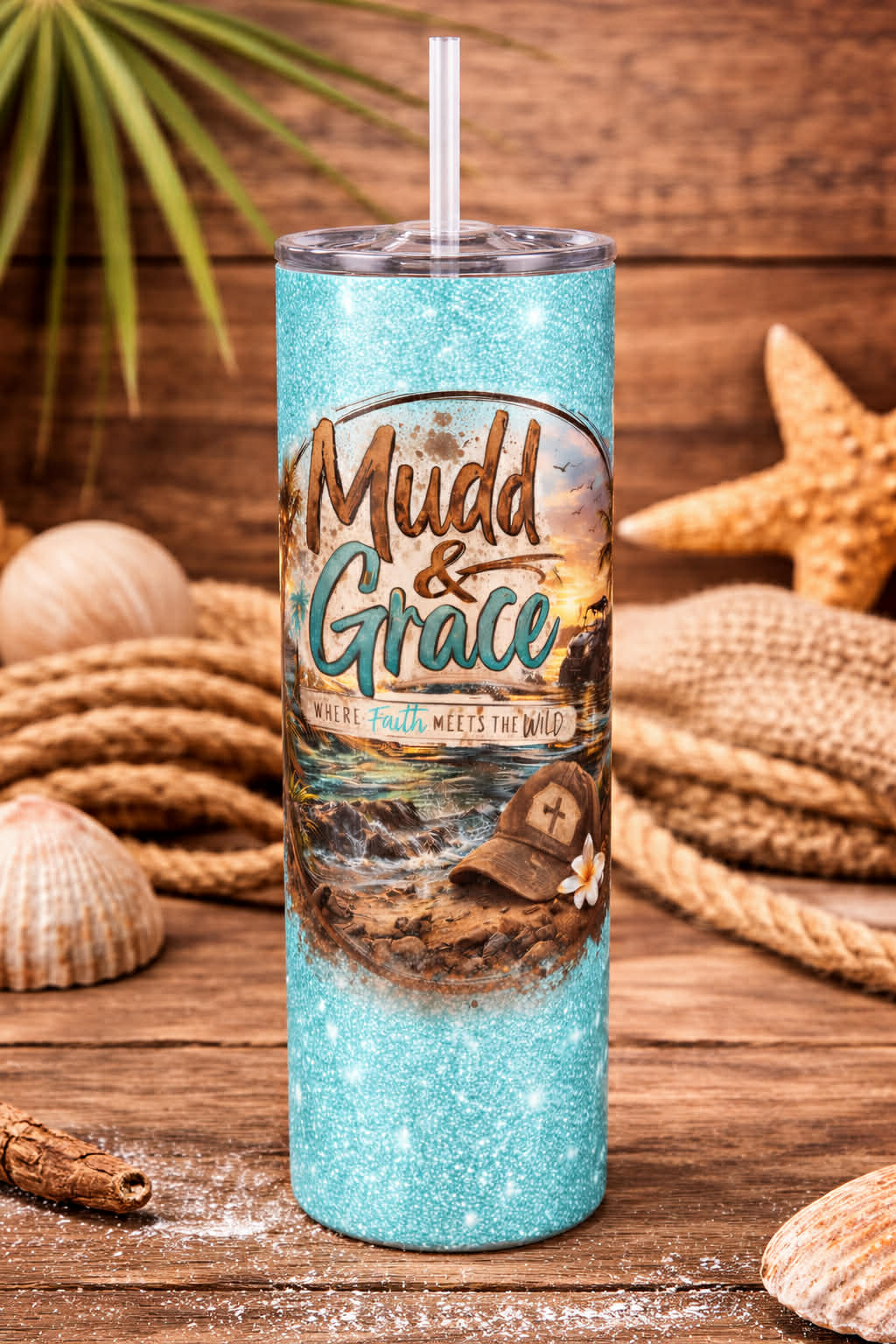 Mudd & Grace Turquoise Glitter Logo Tumbler