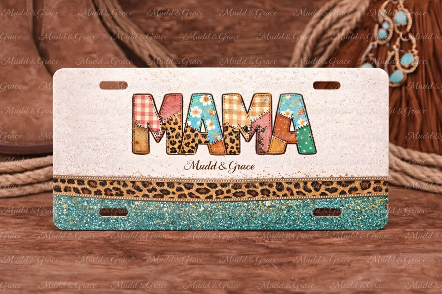 LEOPARD, PATCHWORK, GLITTER MAMA-CAR TAG
