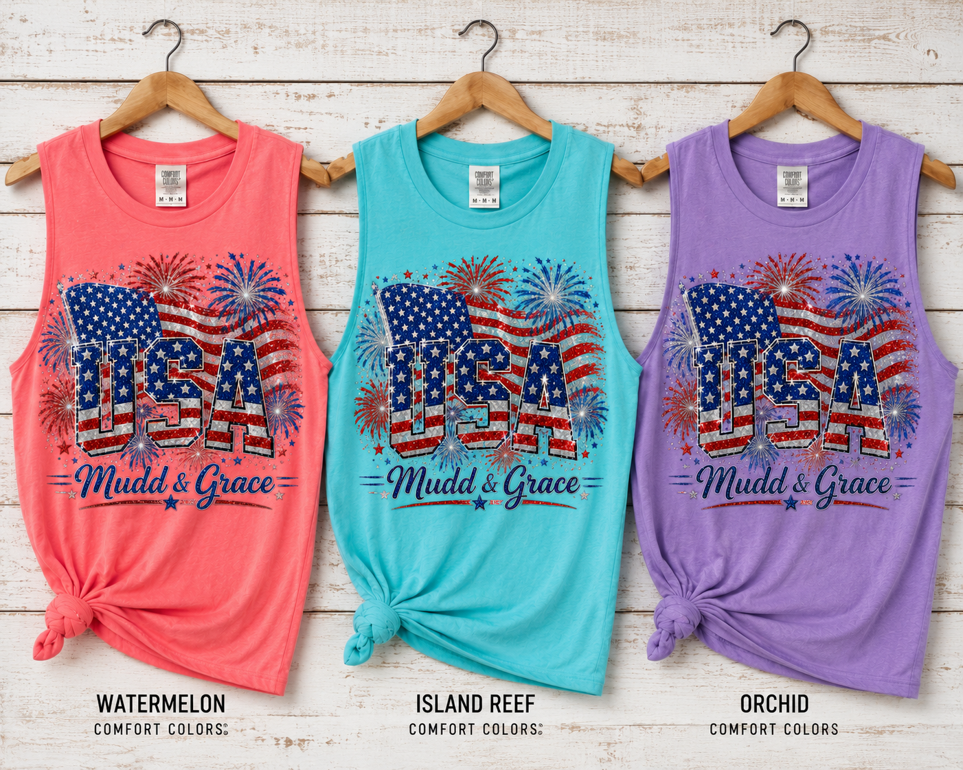USA Fireworks Glitter Comfort Colors Tank Top