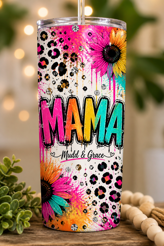 Mama Tumbler – Neon Sunflower & Leopard Design