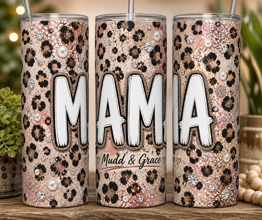 Mama Tumbler – Leopard Glitter & Floral Design