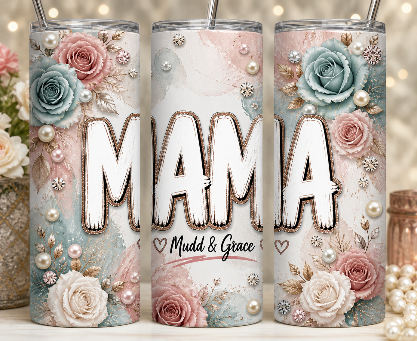 Mama Tumbler – Dusty Rose & Teal Floral Design